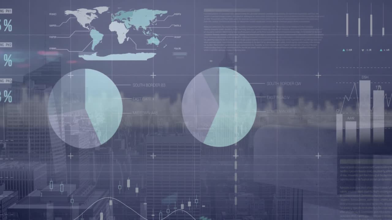 Animation of statistical data processing over grid network against aerial view of cityscape
