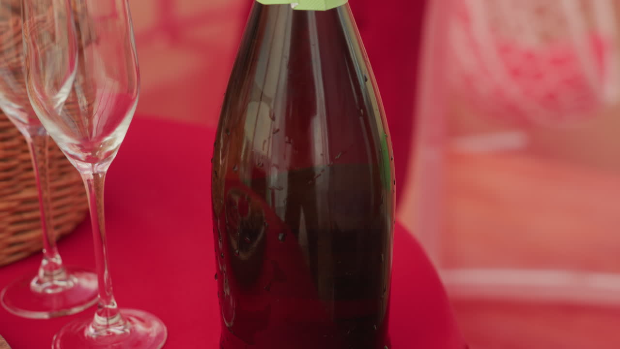rendez-vous galant, plan rapproché sur l’ouverture d’une bouteille de champagne, une main tourne la feuille verte sur une bouteille fraîche à côté de deux flûtes vides sur une nappe rouge à l’intérieur d’une tente légèrement éclairée, gouttelettes de condensation sur le verre, osier