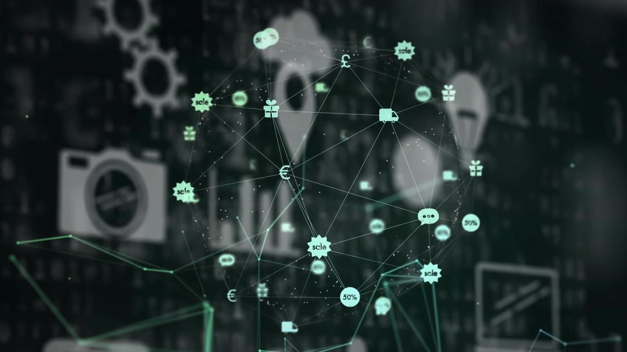 On load mint-green node network rotating and pulsing, nodes linking to show service currency links