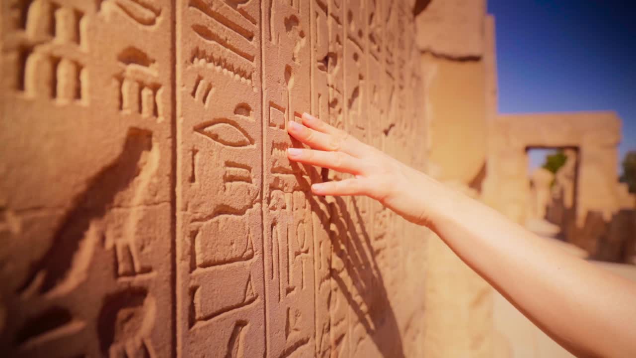 Girl waving her hand over hieroglyphic writing at Karnak temple in Luxor, Egypt. Slow-motion moving forward.