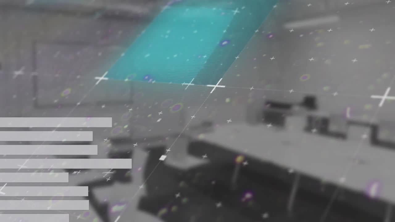 배경에 비어있는 사무실에 대해 그리드 네트워크를 통해 빛의 트레일