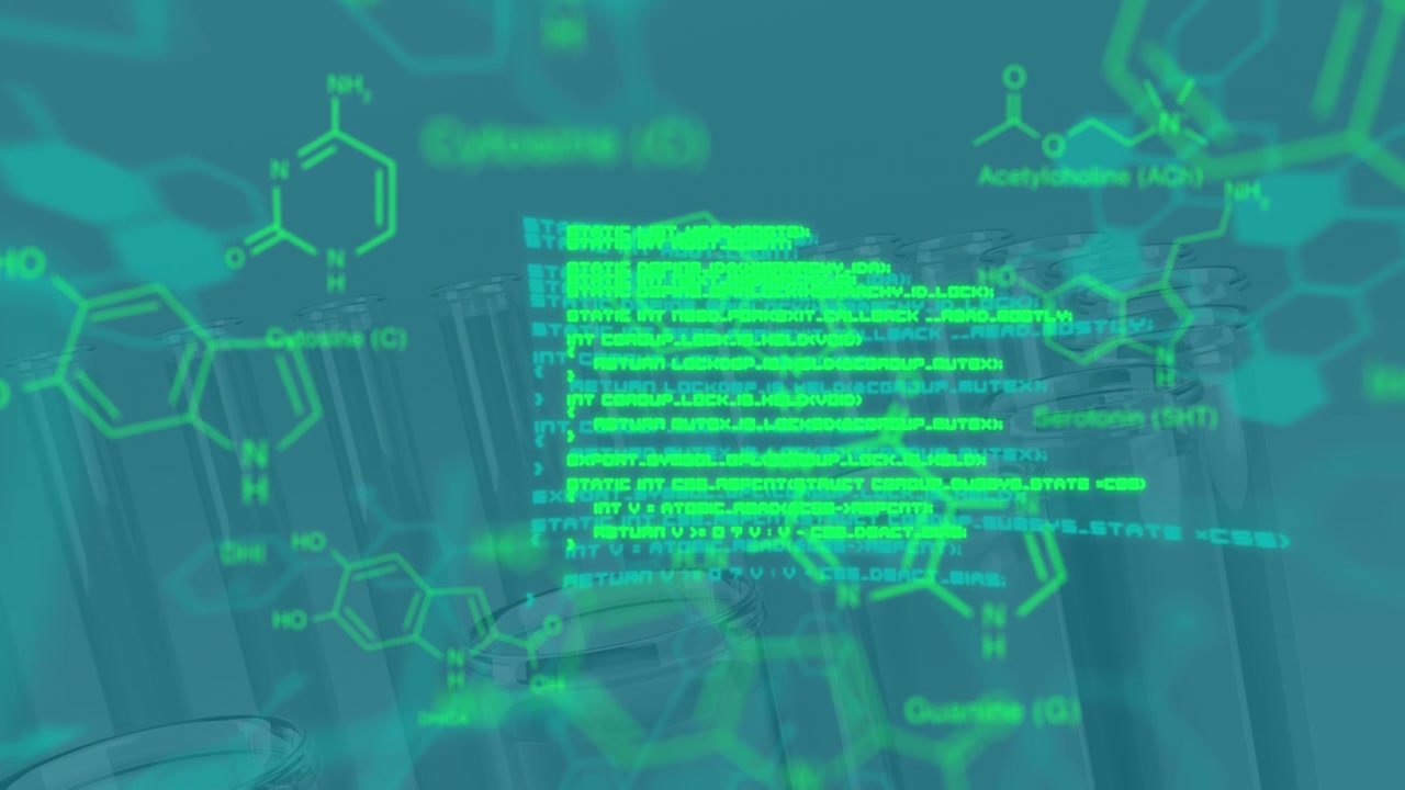 Animation of data processing and chemical formula over empty test tubes in lab