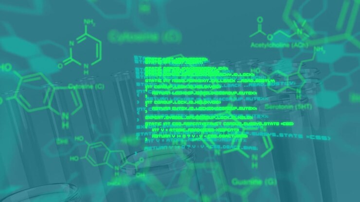Animation of data processing and chemical formula over empty test tubes in lab