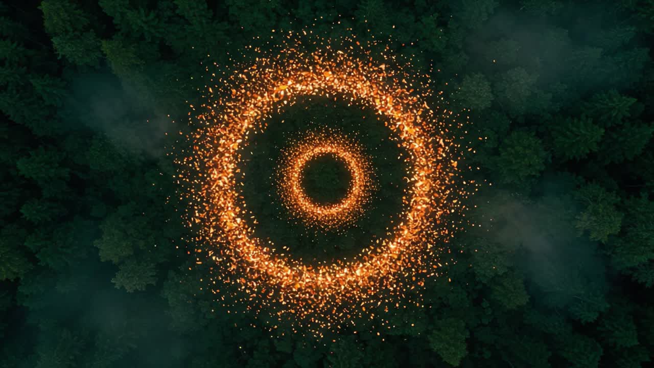 Mesmerizing display of glowing particles forming a circular pattern above a lush green forest, creating an ethereal and enchanting atmosphere of natural beauty and wonder
