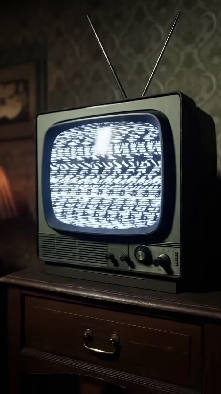 TV vintage com estática, filmada ao nível dos olhos, evoca nostalgia por transmissões de vídeo clássicas.