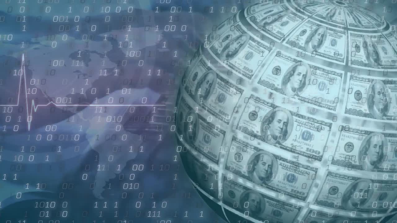 animazione di codici binari, ritmo cardiaco, banconote di dollari sul globo, digitazione a mano tagliata sulla tastiera