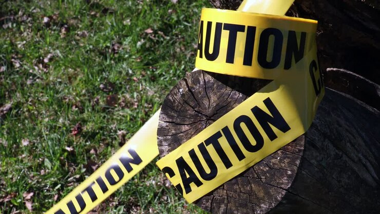 Warning for caution written on yellow ribbon