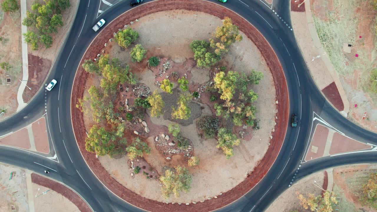 Vertical drone view of the roundabout at The Gap, in Alice Springs, Mparntwe, Northern Territory, Australia. August 2022.