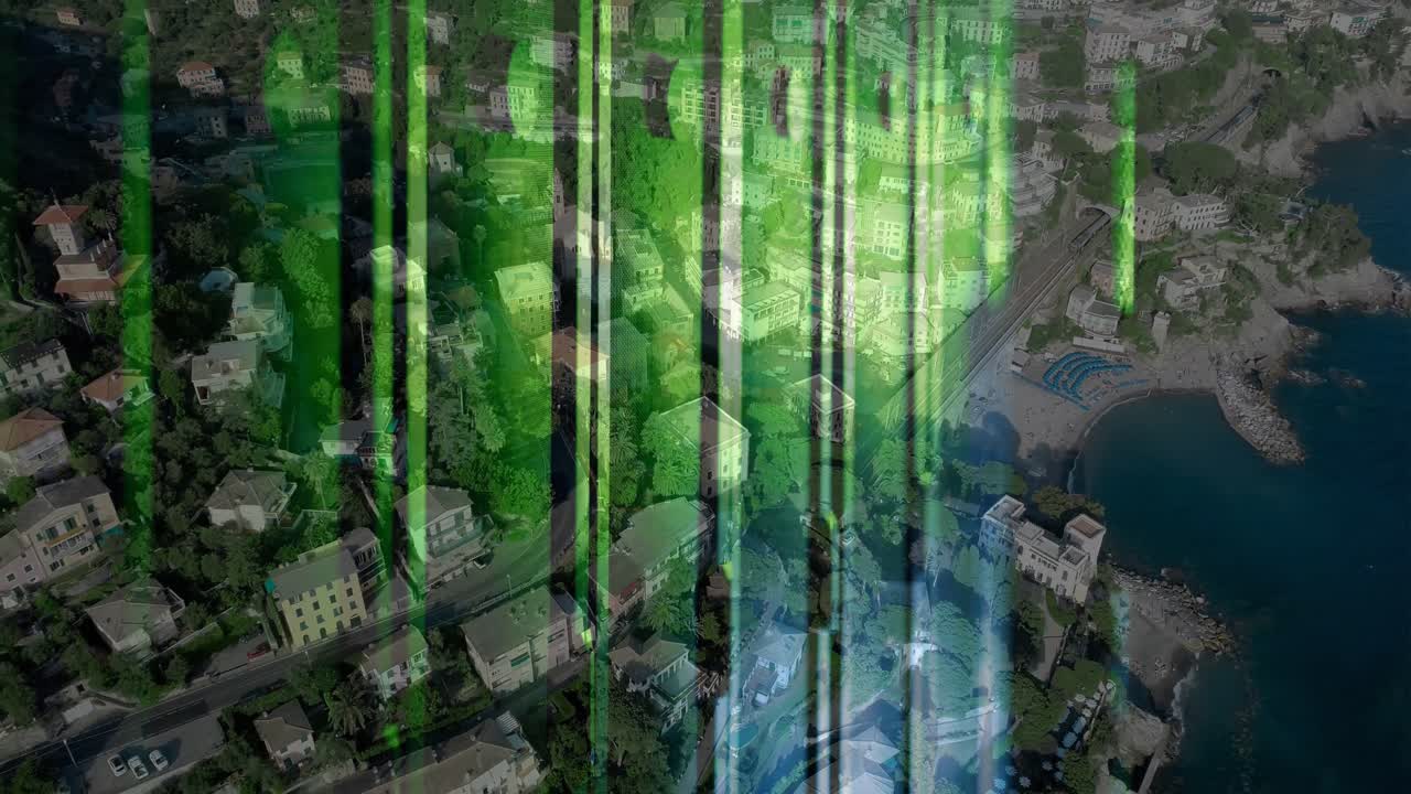 animación de servidores de computadora sobre el paisaje urbano giratorio