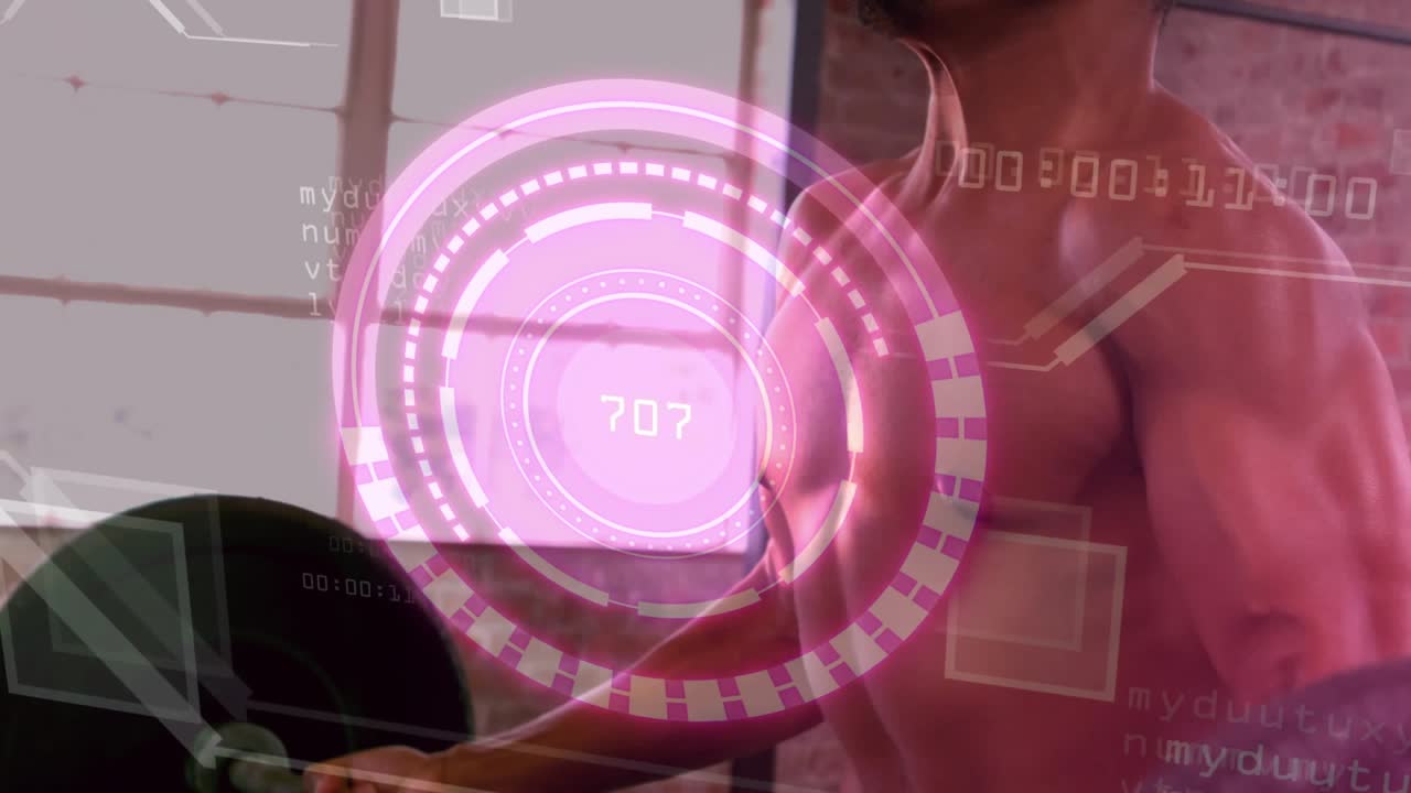 Male lifter gripping barbell and curling, pink HUD overlay over chest tracking reps for fitness