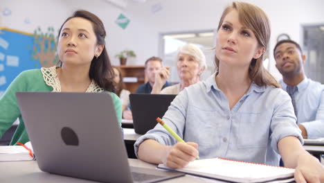 two mature female students in an adult education class