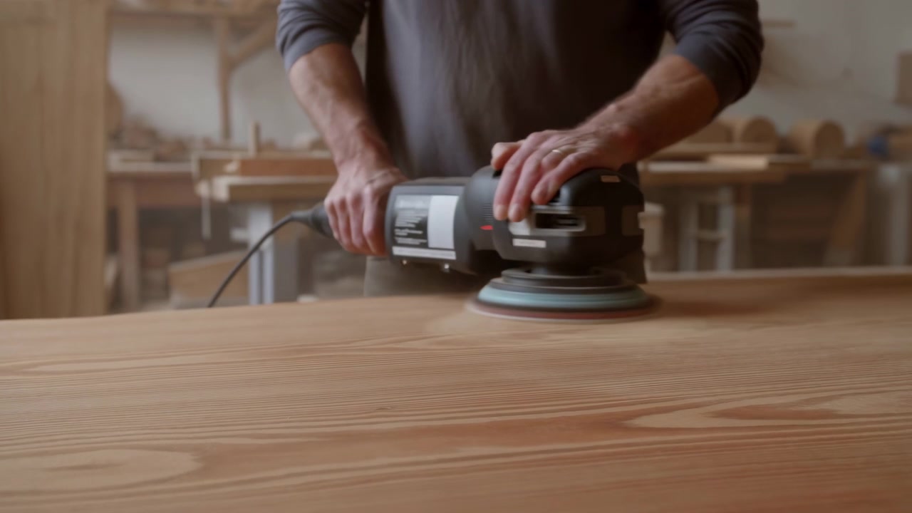 Craftsman Sanding Wooden Table In Workshop Close Up Hands Guiding Orbital Sander Across Wood Grain Warm
