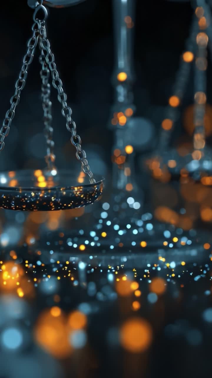 Primo piano di una bilancia realizzata con cura, immersa in luci incantevoli, che simboleggia giustizia ed equilibrio in un ambiente astratto