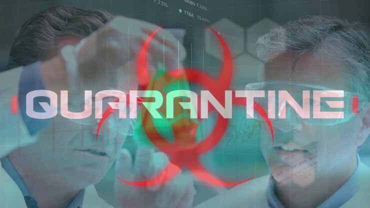 Animation of quarantine and biohazard over caucasian male senior lab workers with samples