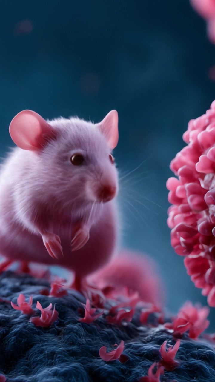 Un primo piano di un topo rosa tra vivaci strutture cellulari rosa, che cattura i dettagli intriganti del microcosmo della natura e il fascino della vita animale.