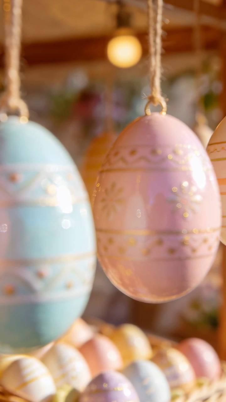 Pastel pink egg swaying on twine while camera zooming in, showing gold patterns in retail display