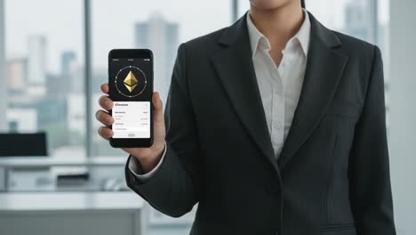 professional individual holding smartphone displaying ethereum cryptocurrency interface in modern office setting