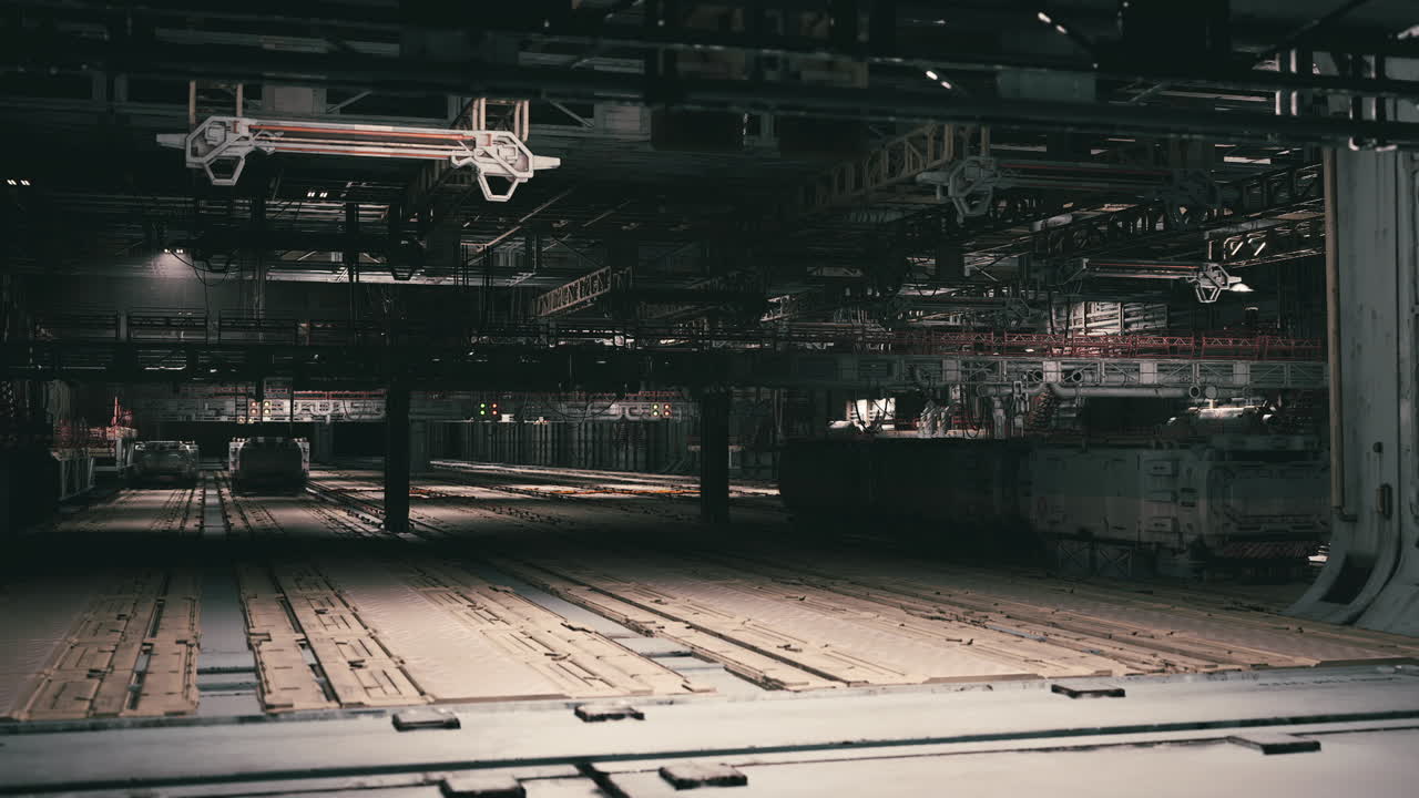 Industrieller Lagerhallen-Innenraum mit schweren Maschinen und Schatten.