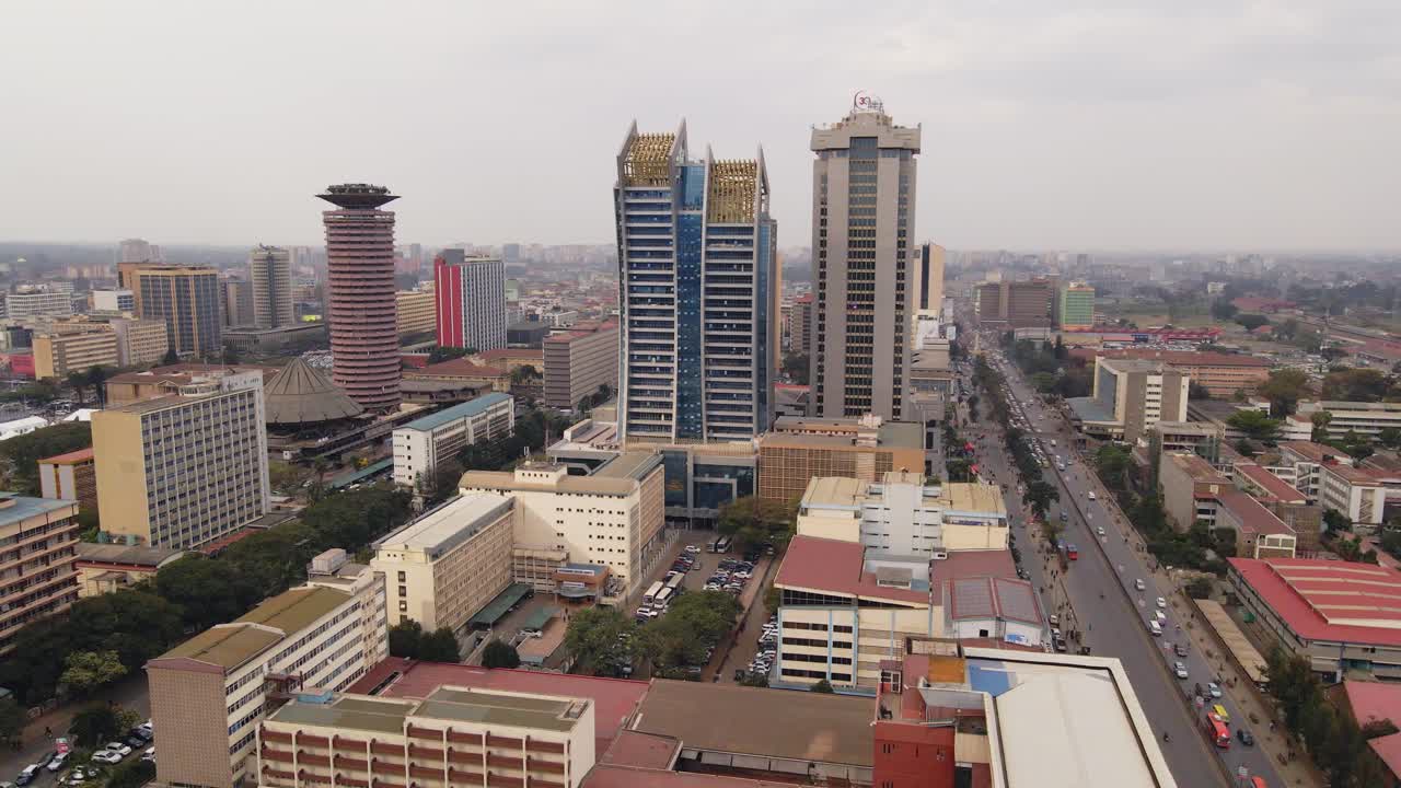High angle view of nairobi's downtown skyline with bustling street traffic and iconic buildings