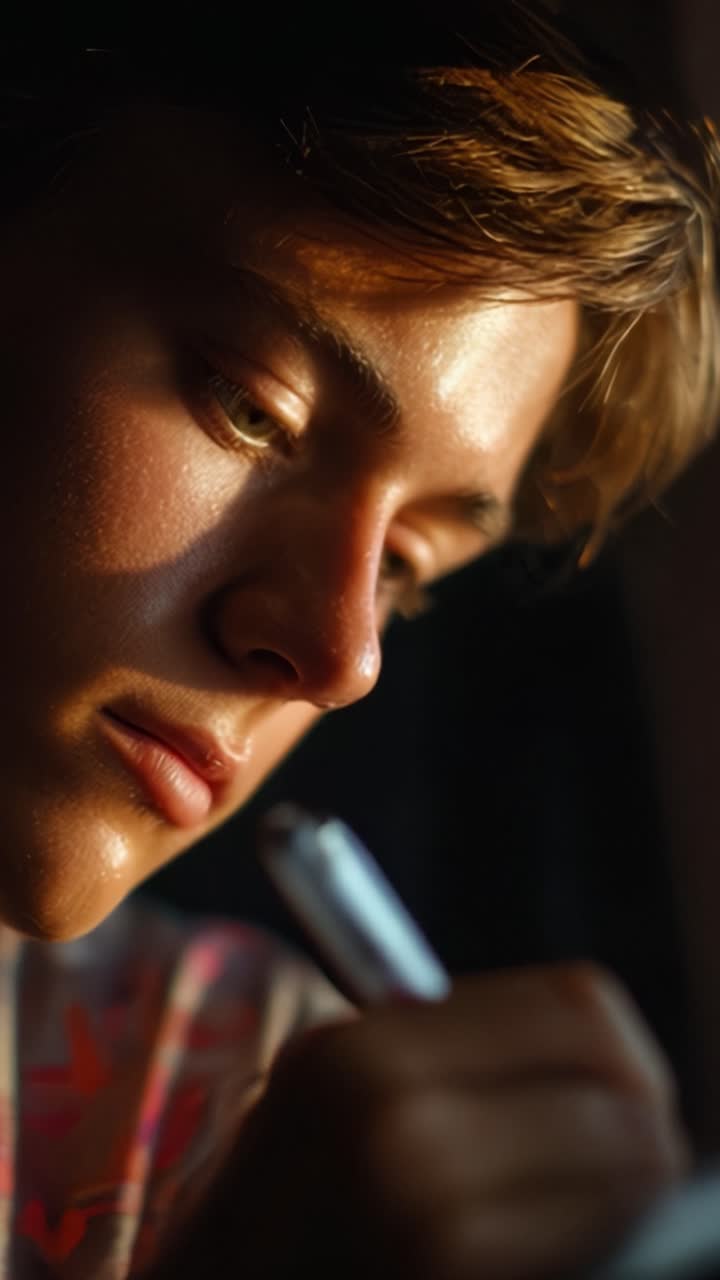Young person intently focuses on writing with a pen, illuminated by soft natural light, capturing a moment of creativity and concentration in a serene setting