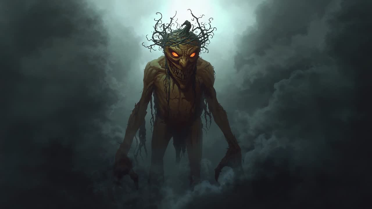 Filtering pale light revealing skeletal monster stepping with glowing orange eyes amid swirling fog