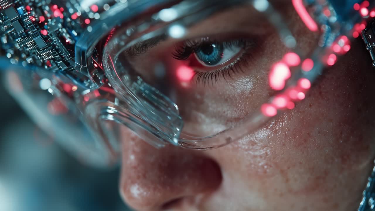 Futuristic Vision: Close-Up of a Technologically Enhanced Eye with Circuitry Patterns and Vibrant LED Lights, Capturing the Essence of Advanced Augmentation