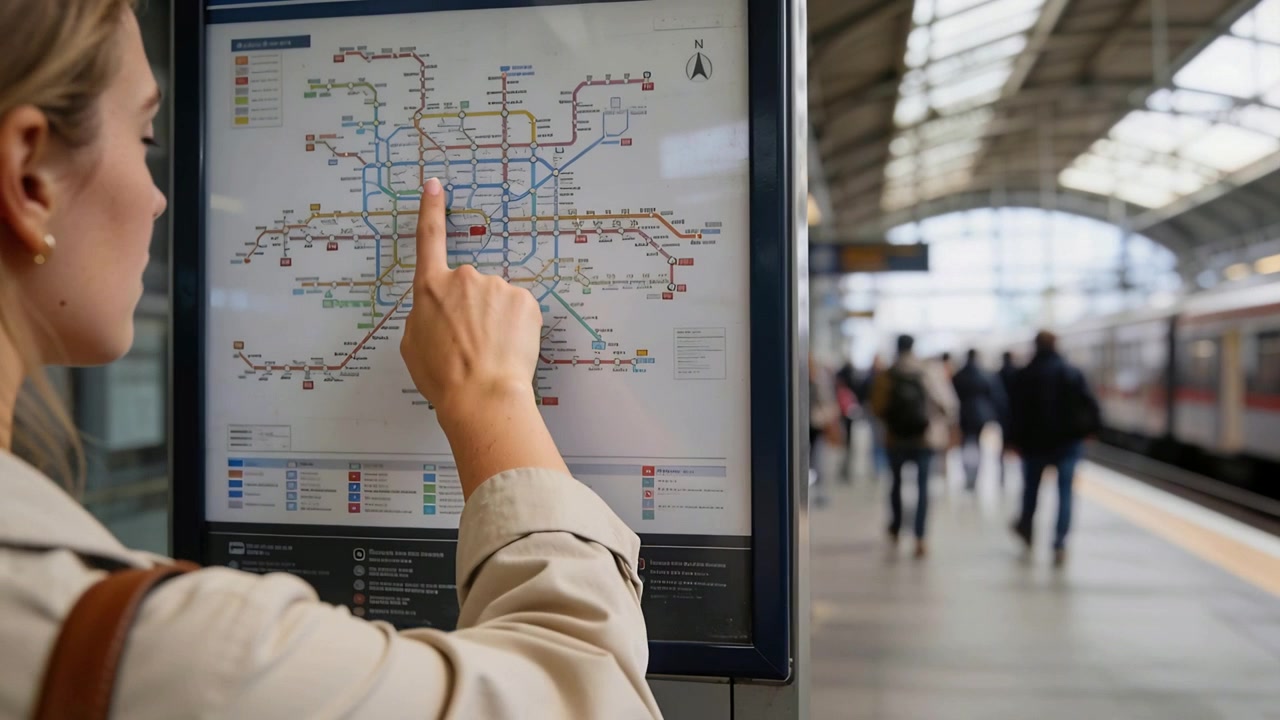 Pointing woman in beige trench coat checking map kiosk on train platform, tracing route with finger