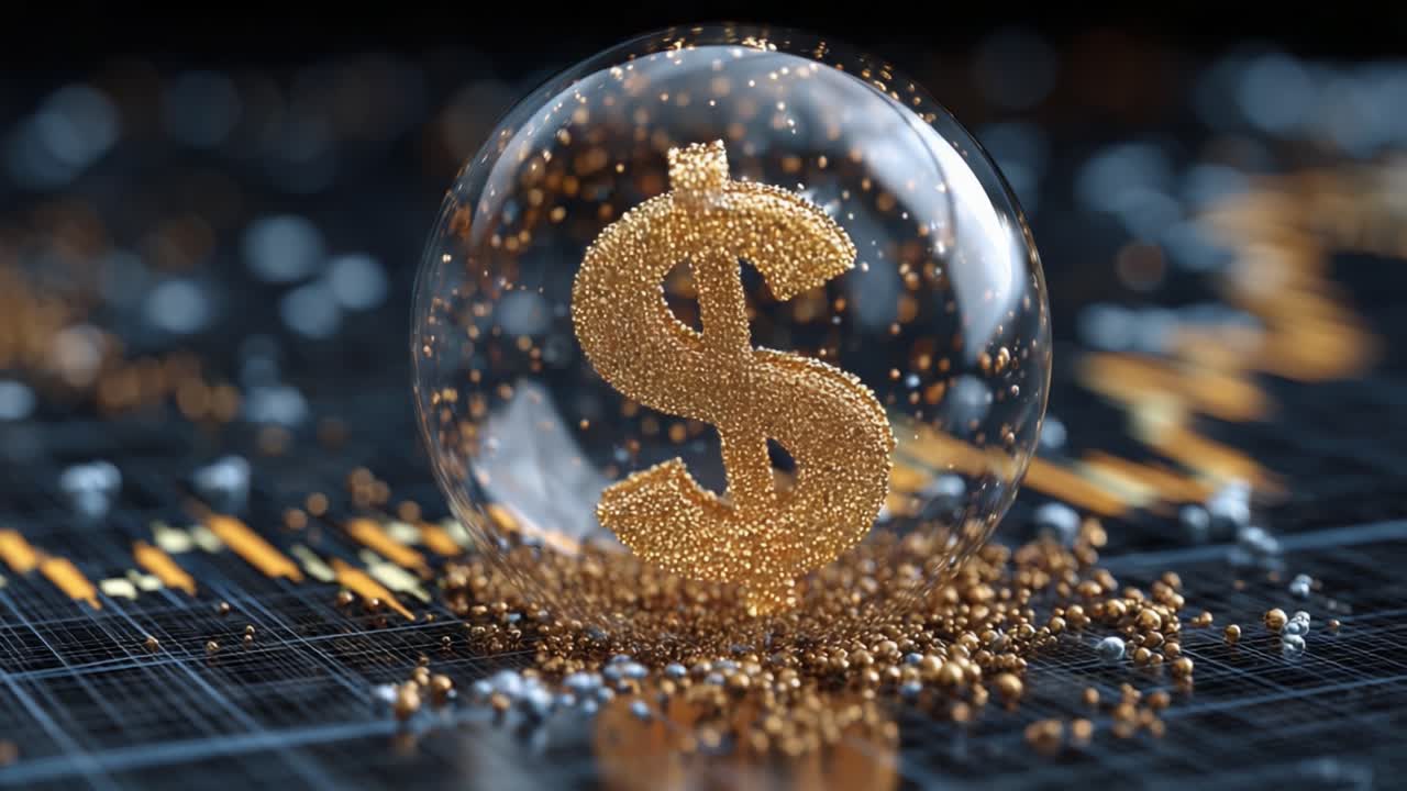 Un segno del dollaro scintillante all'interno di una bolla trasparente, circondato da particelle scintillanti su un grafico finanziario dinamico, che simboleggia la crescita economica e il potenziale di investimento.