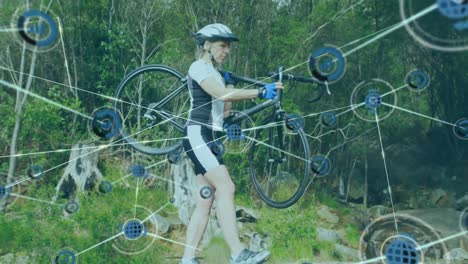 Icons-and-network-of-connections-over-female-cyclist-carrying-her-bike