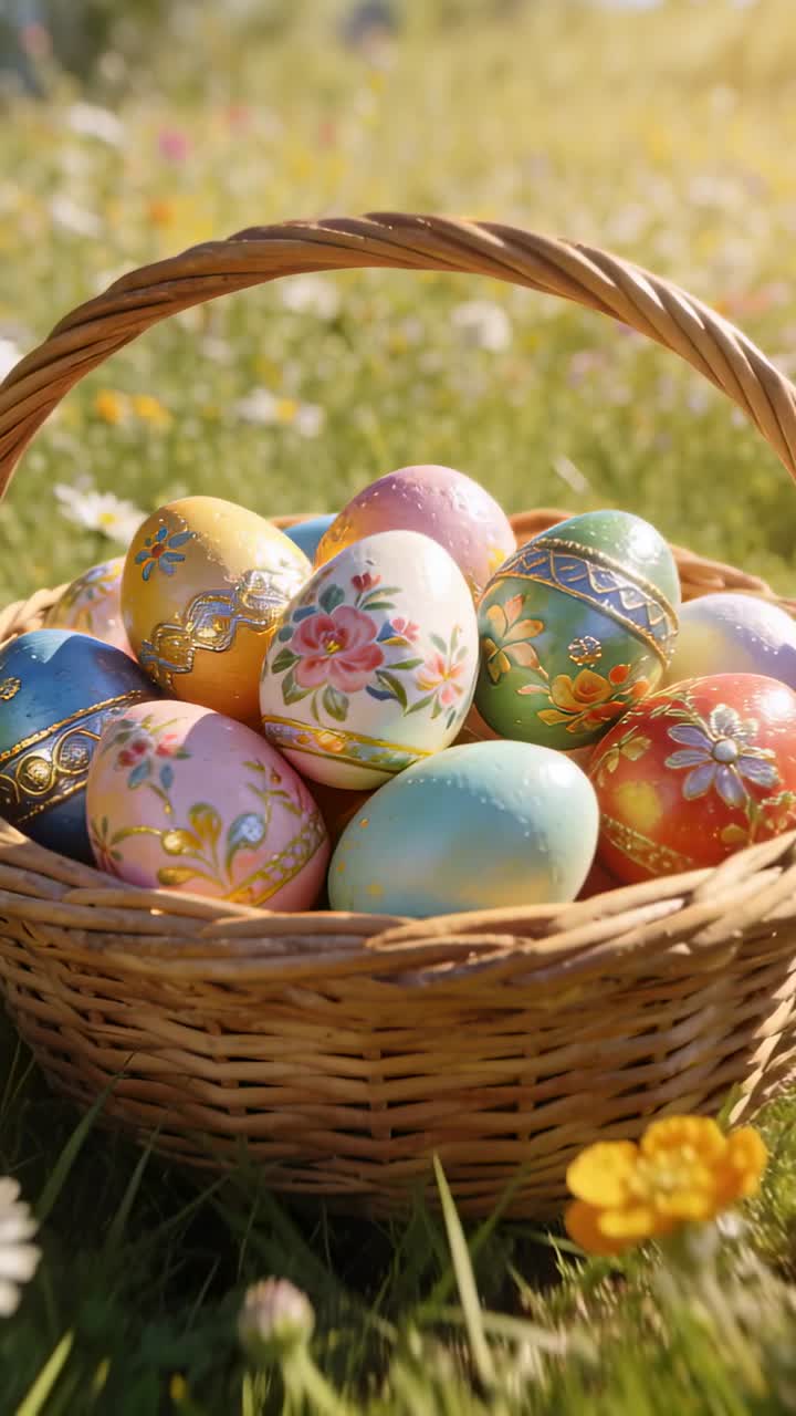 Vertical video: Lifting camera revealing wicker basket with painted eggs in warm meadow showing art