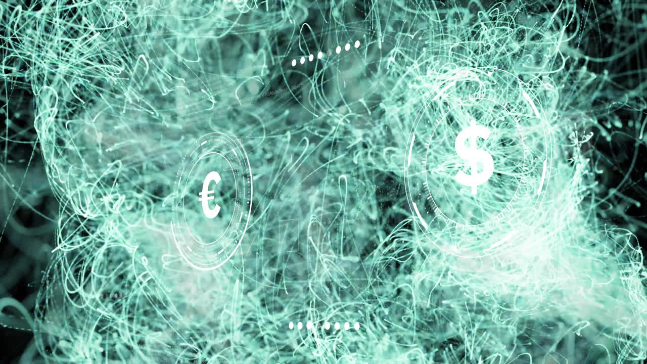 Animation of euro and dollar symbols connected by arrows on digital network background