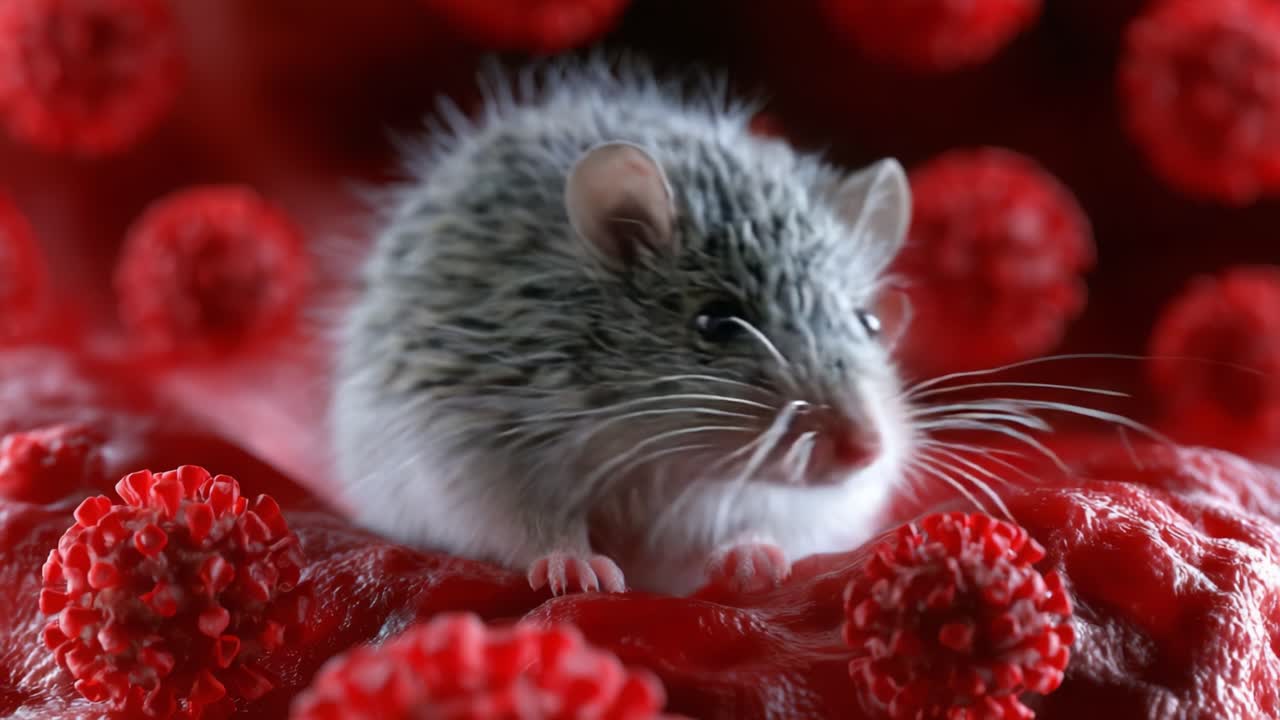 Uno Sguardo Ravvicinato a un Topo Grigio in Mezzo a un Mare di Vivaci Strutture Rosse, che Evidenzia i Dettagli Intricati della Sua Pelliccia e dell'Ambiente Circostante