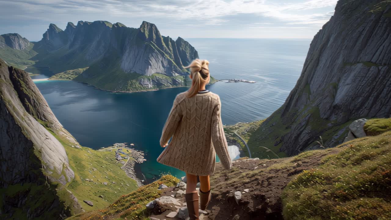 Ung kvinnelig fjellvandrer går langs en smal fjellrygg over en dypblå fjord, omgitt av bratte klipper og stille hav, noe som fanger eventyrreise og utendørs frihet i et naturskjønt landskap.