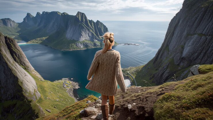 Junge Wanderin geht entlang eines schmalen Berggrats über einem tiefblauen Fjord, umgeben von steilen Klippen und ruhigem Meer, was Abenteuerreisen und Outdoor-Freiheit in einer malerischen Landschaft einfängt.