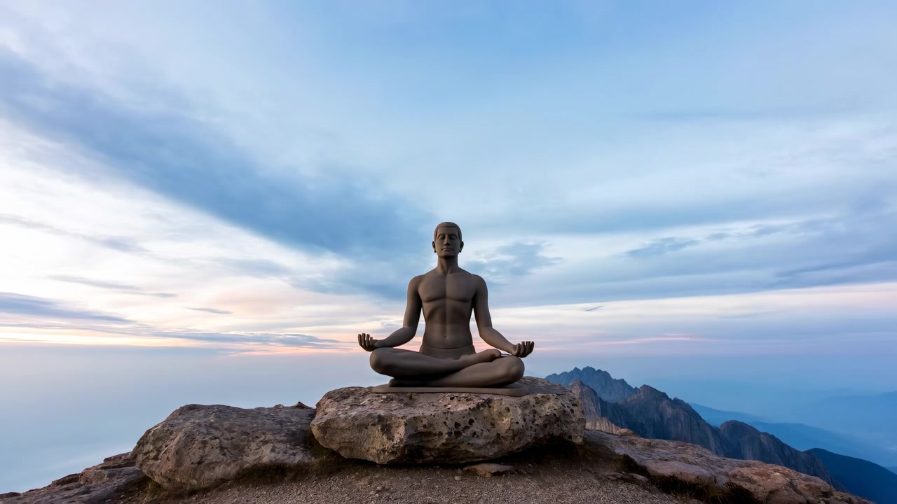 Figure humaine stylisée assise en méditation du lotus sur un rocher plat au sommet, face à un horizon ouvert sous un ciel crépusculaire pastel, avec une posture détendue, une lumière douce, un paysage montagneux et un sentiment de solitude paisible.