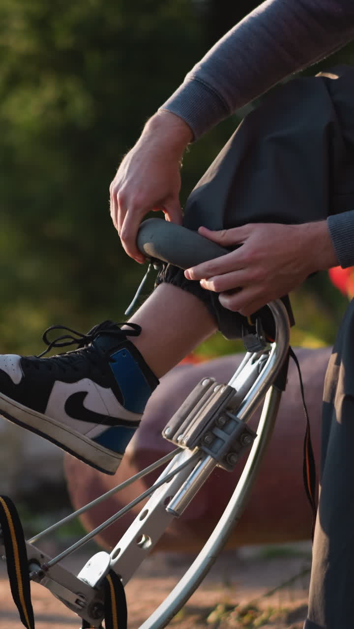 회색 후디와 어두운 바지를 입고 야외에 앉아있는 남성, 배경에 초록색과 함께 스을 착용하는 데 초점을 맞추고, 검은색과 색 스니커가 눈에 띄며, 초점을 맞춘 야외에 캐주얼한 터치를 추가합니다.