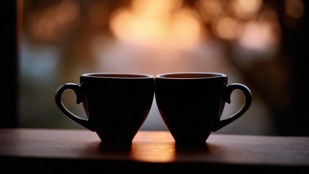 Due eleganti tazze nere posizionate vicine su uno splendido sfondo di tramonto, creando un'atmosfera serena e intima, perfetta per condividere momenti.