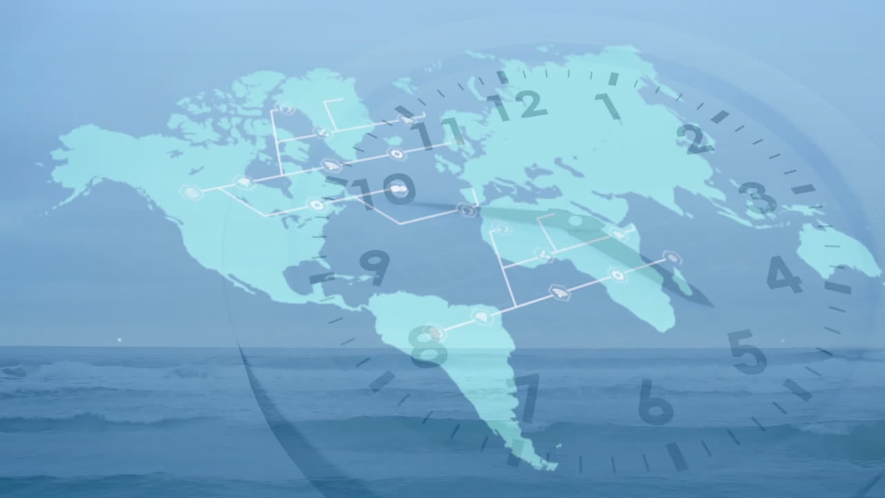 Animation of world map with clock and network connections over ocean background