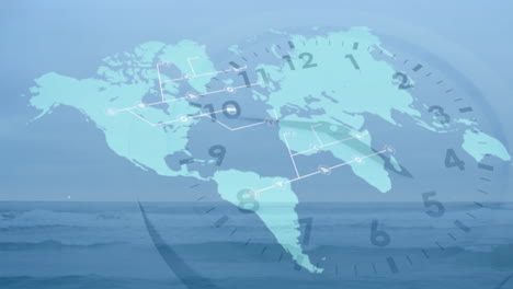 animation of world map with clock and network connections over ocean background