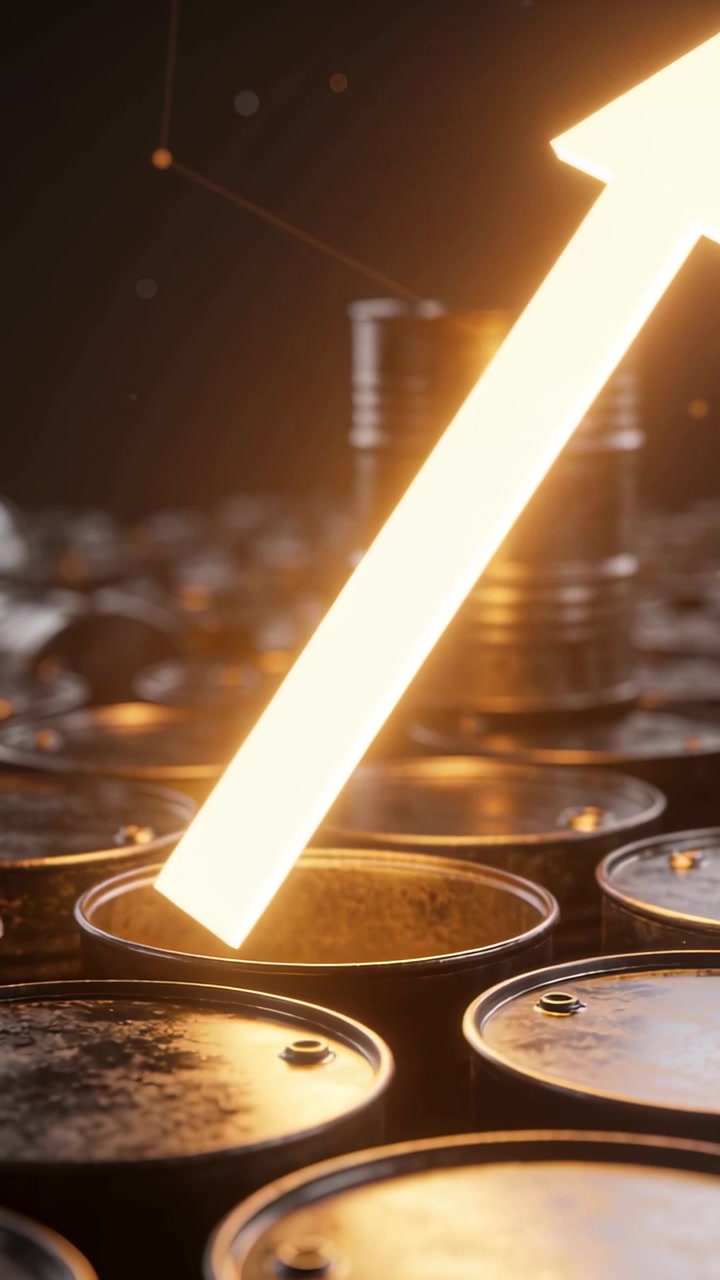 Vertical video: Glowing arrow from top-right entering open drum amid warehouse drums casting glow