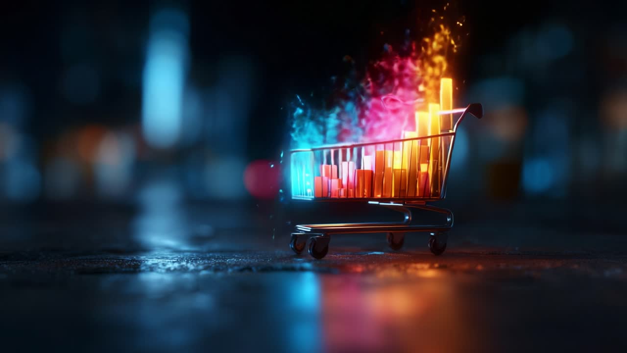 An Enigmatic Shopping Cart Radiating Colorful Data Visualizations, Merging the Concepts of Retail, Technology, and Modern Interpretation of Consumer Behavior in a Vibrant Urban Setting