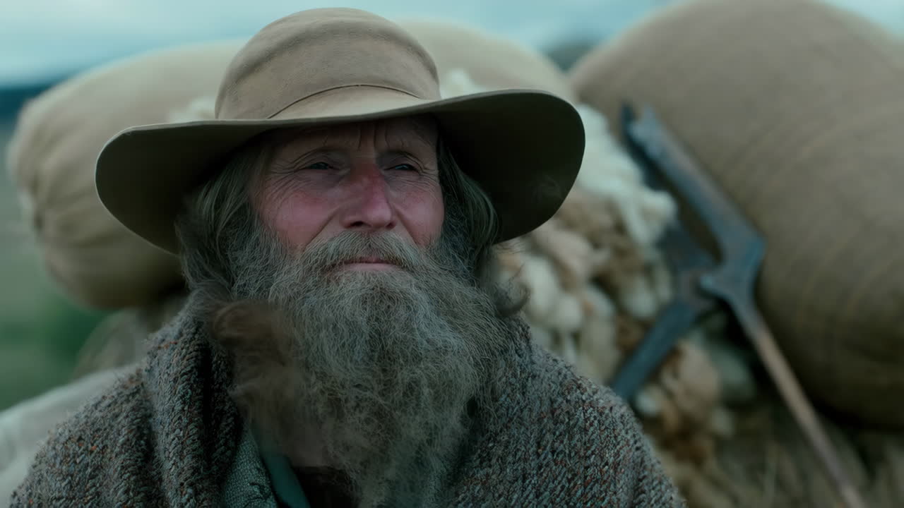 Portrait of an old man with a long beard and hat in a rustic setting