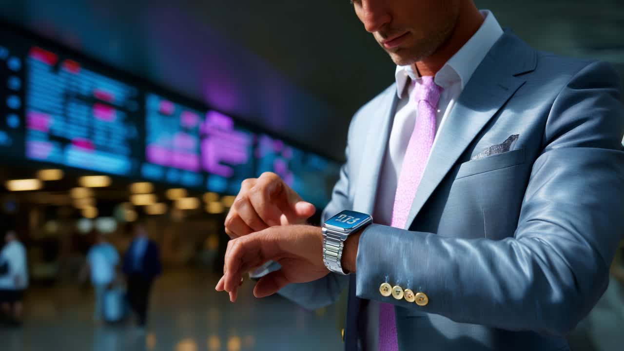A well-dressed man in a stylish suit checks his smartwatch while standing in a modern airport lounge filled with digital flight information screens, showcasing a fusion of technology and sophistication