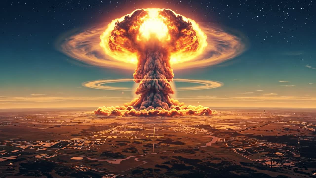 A dramatic explosion erupts and a towering mushroom cloud ascends over the picturesque landscape against a backdrop of a clear sky