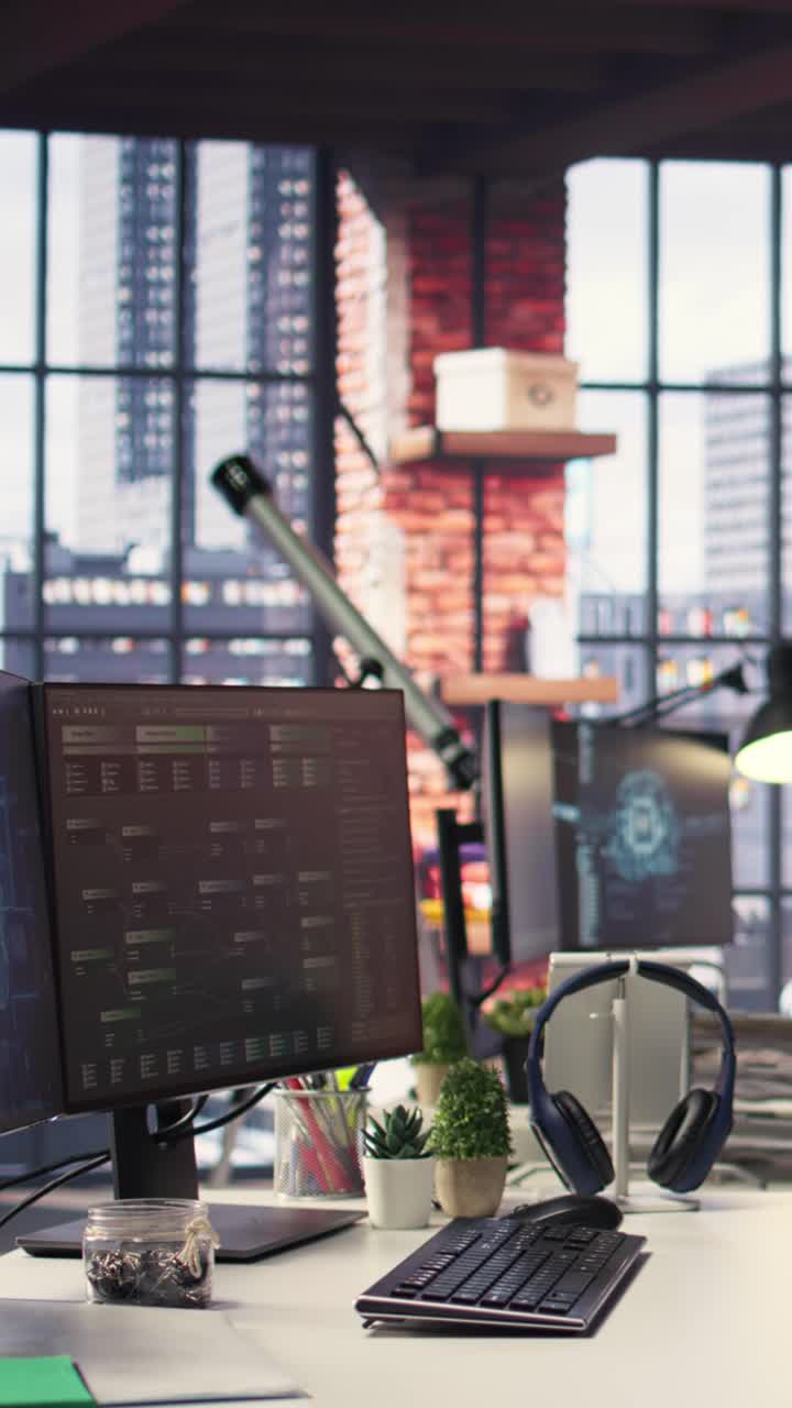 Vertical Video Empty desk for an expert technician with advanced computing visuals