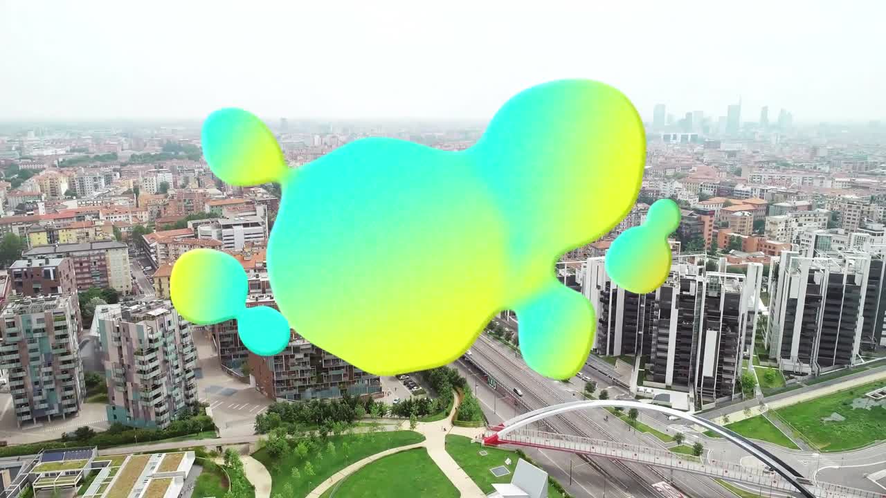 도시 풍경의 공중 전망에 대한 복사 공간과 함께 그래디언트 추상 모양의 디지털 구성