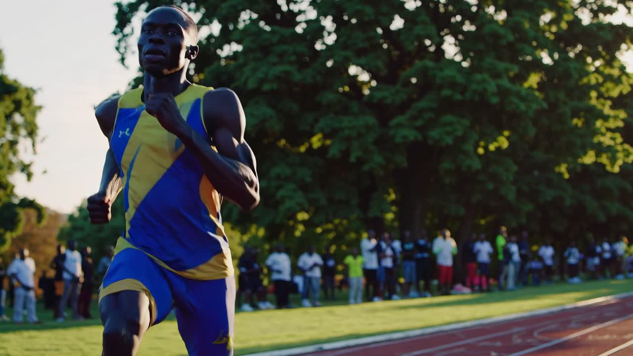 Dynamic low-angle video shot of a sprinter racing on a sunlit track, capturing motion and energy