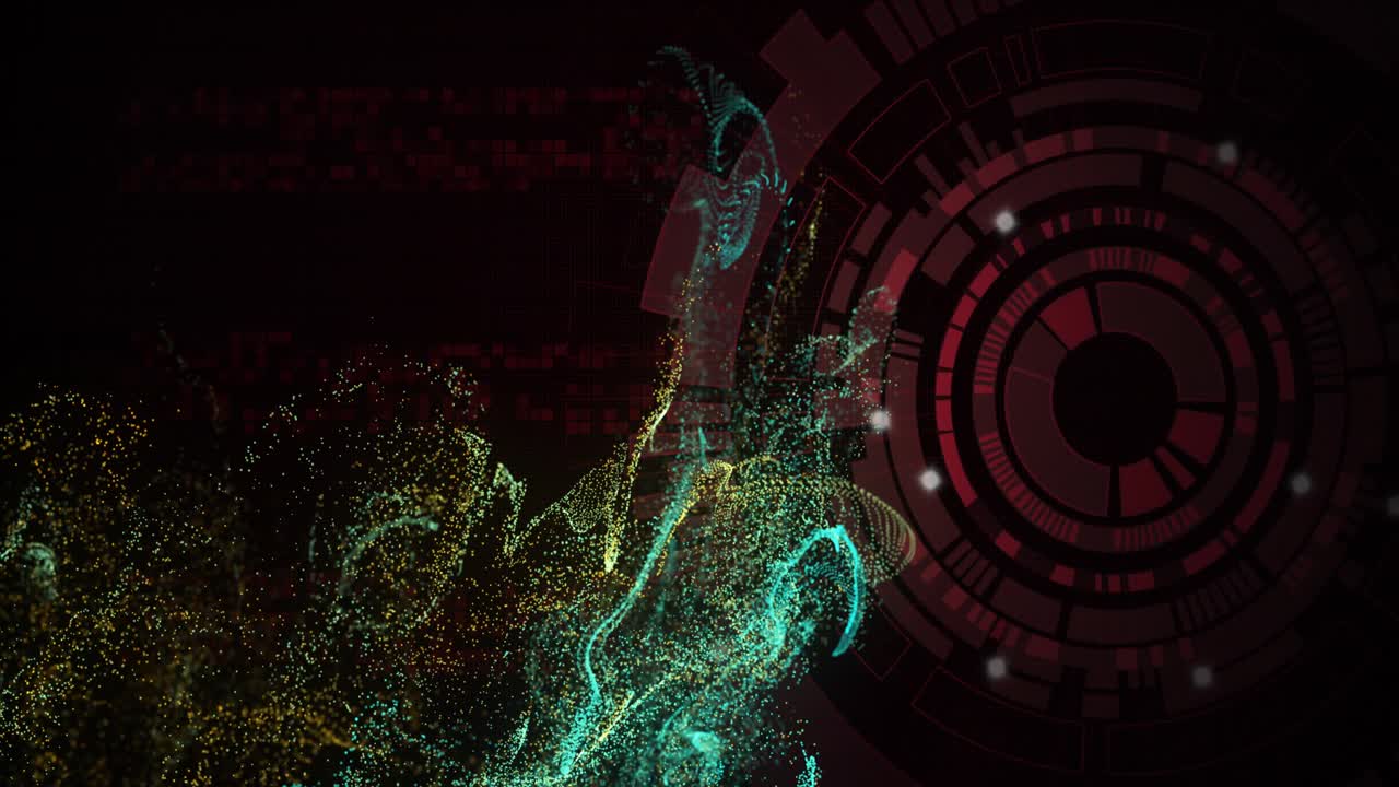 Dense particle cloud forming, growing and rising, stretching teal yellow ribbons revealing red HUD