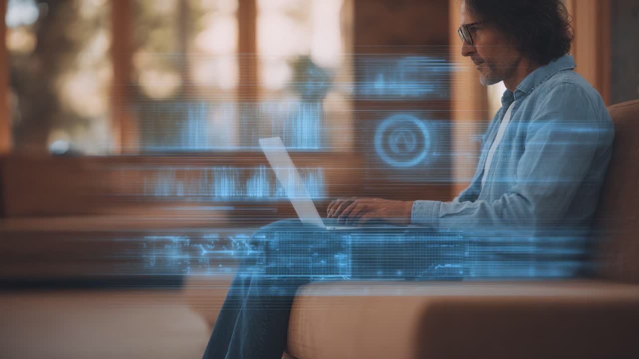 A Focused Individual Engaged in Digital Work While Surrounded by Dynamic Data Visualizations Highlighting Technology and Innovation in a Cozy Environment