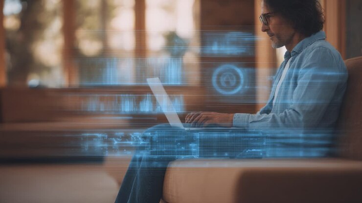 A Focused Individual Engaged in Digital Work While Surrounded by Dynamic Data Visualizations Highlighting Technology and Innovation in a Cozy Environment